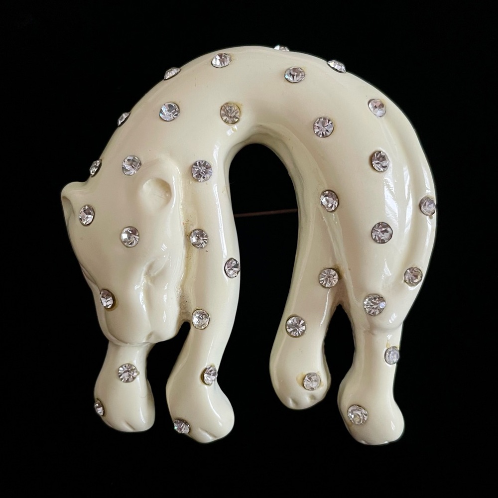 Vintage Cream & Rhinestone Crystals Large Cat Leopard Pin Brooch